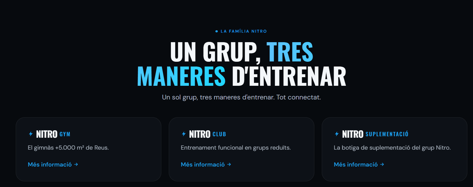 Secció «Un grup, tres maneres d'entrenar» de la home de NitroGym: les 3 marques del grup (NITRO GYM, NITRO CLUB i NITRO SUPLEMENTACIÓ) presentades com una sola família.