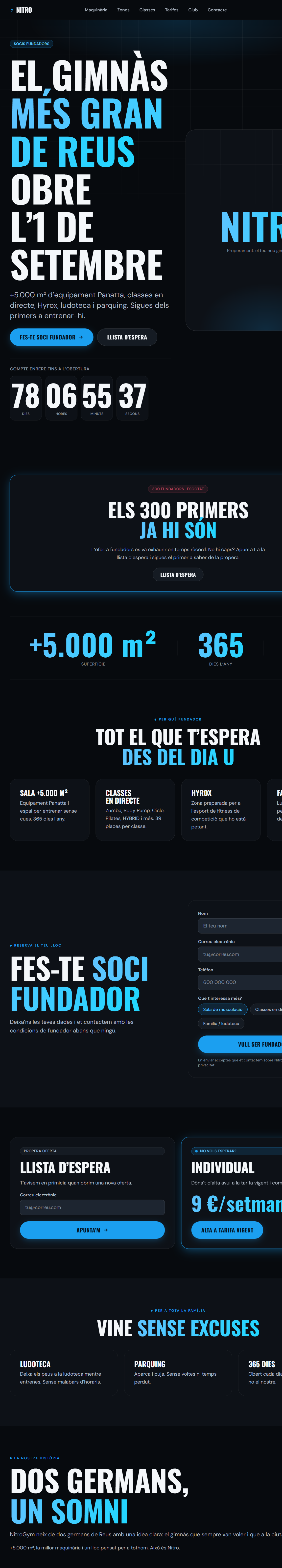 Landing de socis fundadors de Nitro ja construïda: heroi, compte enrere, oferta esgotada, tarifes i formulari.