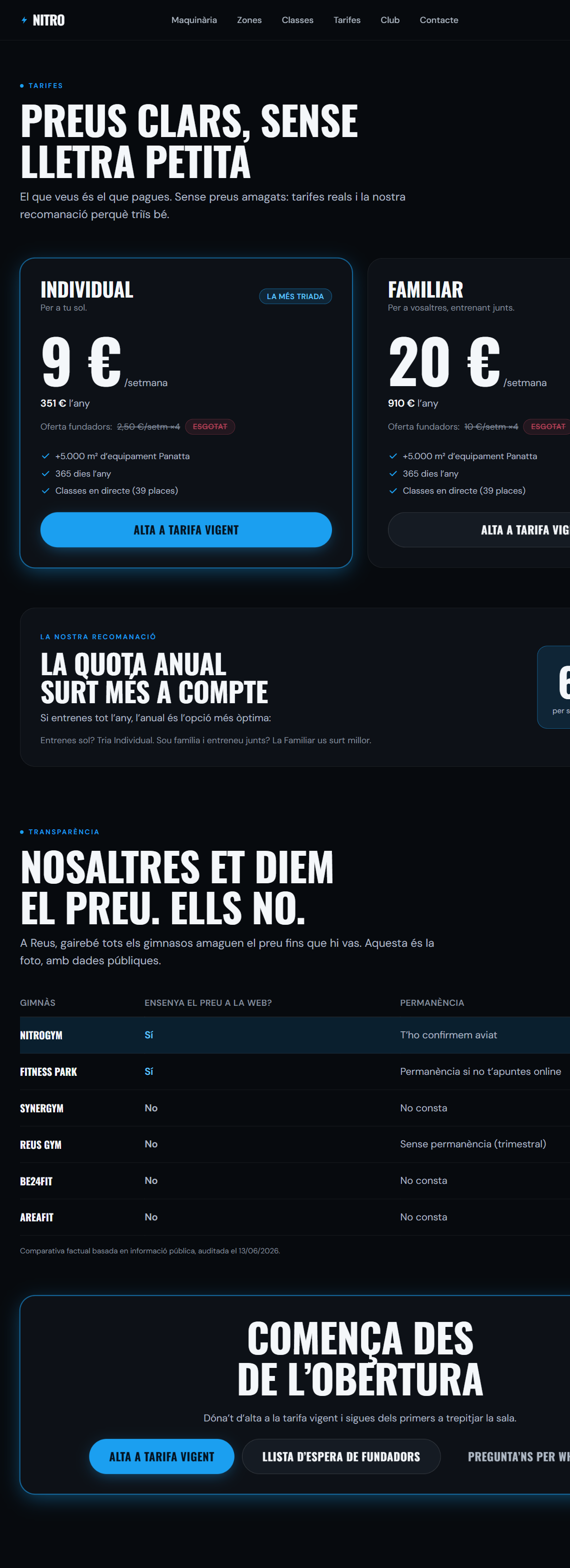Pàgina de tarifes de Nitro ja construïda: preus clars sense lletra petita i comparador transparent vs la competència.
